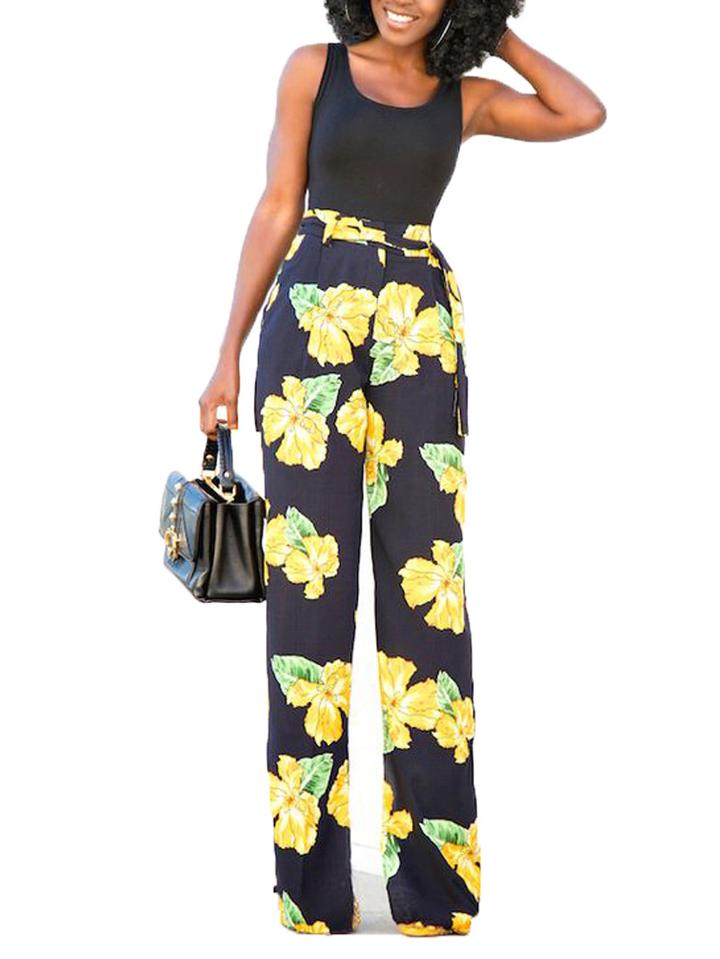 Romwe Black Tank Top With Flower Print Pants