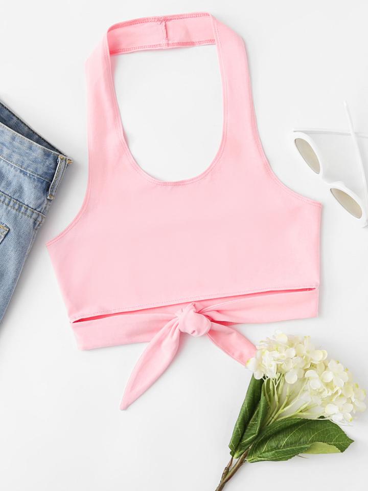 Romwe Knot Front Halter Crop Top