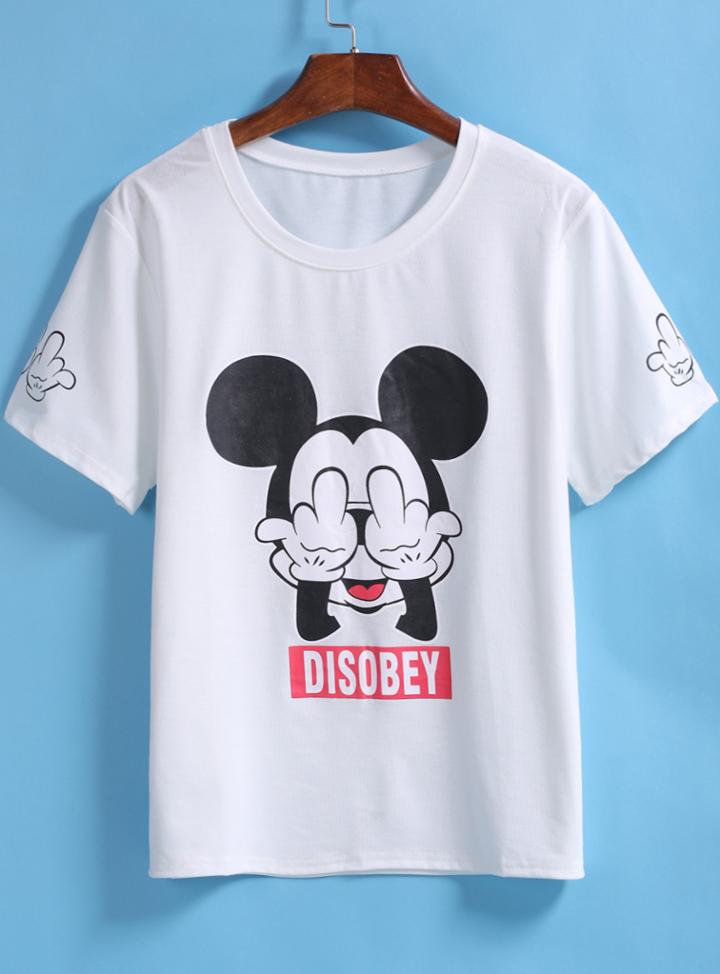 Romwe White Short Sleeve Mickey Print T-shirt