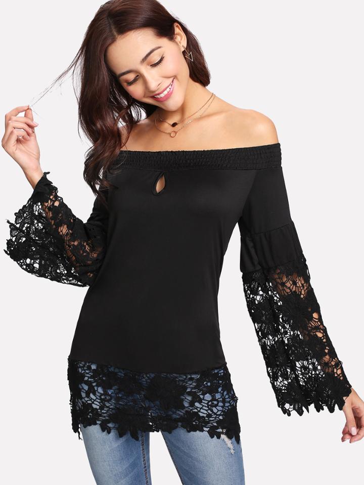 Romwe Contrast Lace Off Shoulder Tee
