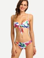 Romwe Multicolor Knot-front Flower Print Bikini Set