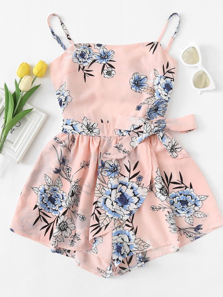 Romwe Cut Out Back Floral Cami Romper
