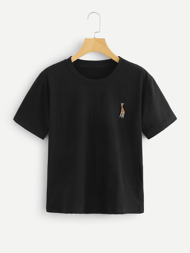 Romwe Giraffe Embroidered Tee