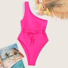 Romwe Neon Pink One Shoulder Belted One Piece Swimsuit