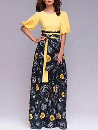 Romwe Half Sleeve Color-block Flower Print Dress