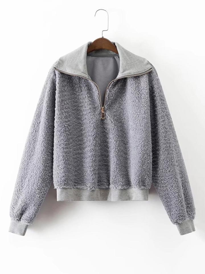 Romwe Zipper Up Lambswool Sweatshirt