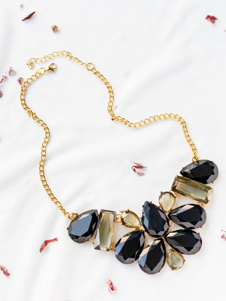 Romwe Black Rhinestone Design Statement Necklace