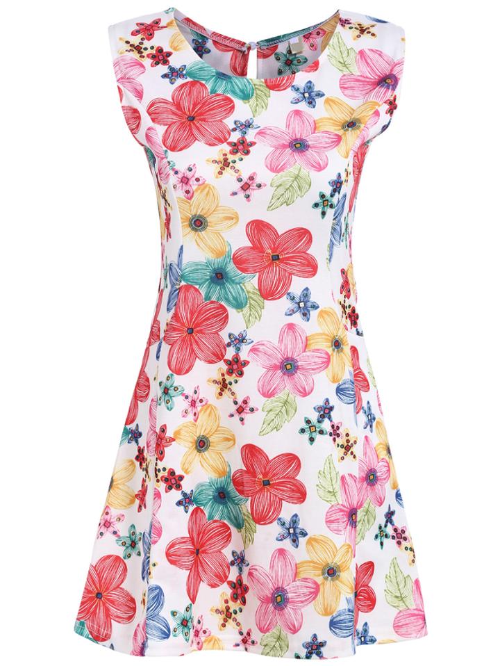 Romwe Sleeveless Floral Print White Dress