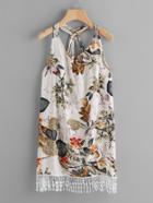 Romwe Palm Leaf Lace Hem Strappy Detail Dress