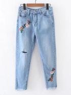 Romwe Flower Embroidery Ripped Detail Jeans
