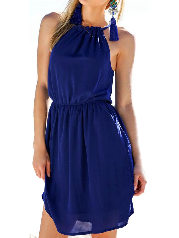 Romwe Halter Neck Slit Back Skater Dress