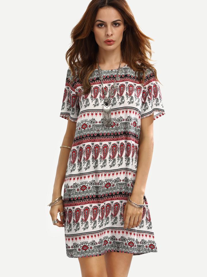 Romwe Multicolor Print Short Sleeve Shift Dress
