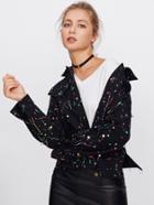 Romwe Pearl Detail Raw Cut Hem Splatter Print Jacket