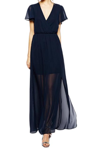 Romwe Romwe V-neck Cut-out Longline Chiffon Navy-blue Dress