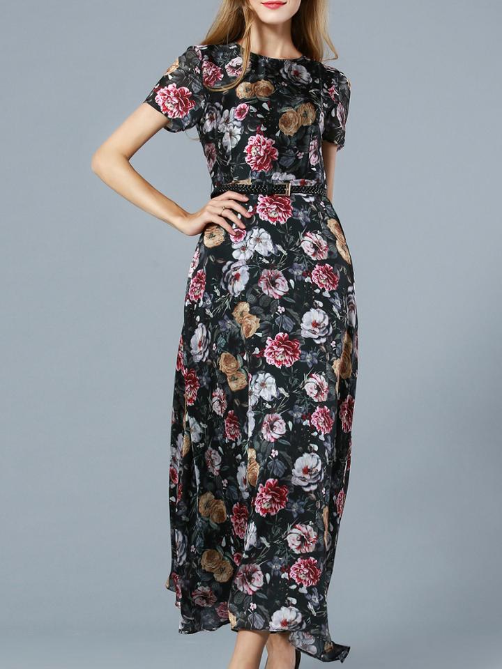 Romwe Black Crew Neck Belted Print Dress
