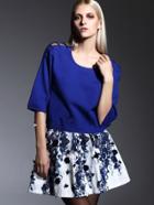 Romwe Blue Round Neck Length Sleeve Knit Print Two Pieces Dress