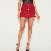 Romwe Button Front Frill Hem  Bodycon Denim Skirt