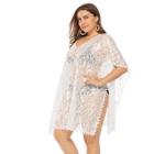 Romwe Plus Floral Lace Split Pom-pom Trim Cover Up