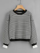 Romwe Drop Shoulder Lace Cuff Striped Sweatshirt