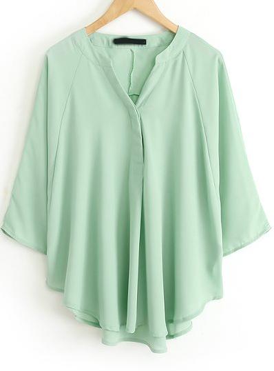 Romwe Pale Green V Neck Dip Hem Blouse