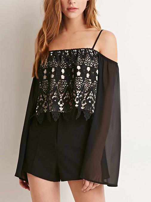 Romwe Spaghetti Strap Chiffon Crop Blouse