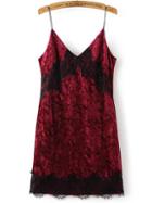 Romwe Burgundy Contrast Lace Velvet Bodycon Dress