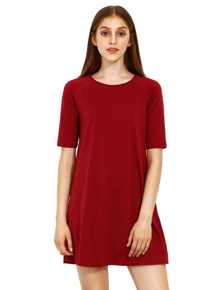 Romwe Burgundy Round Neck Inch Half Sleeve Loose Dress