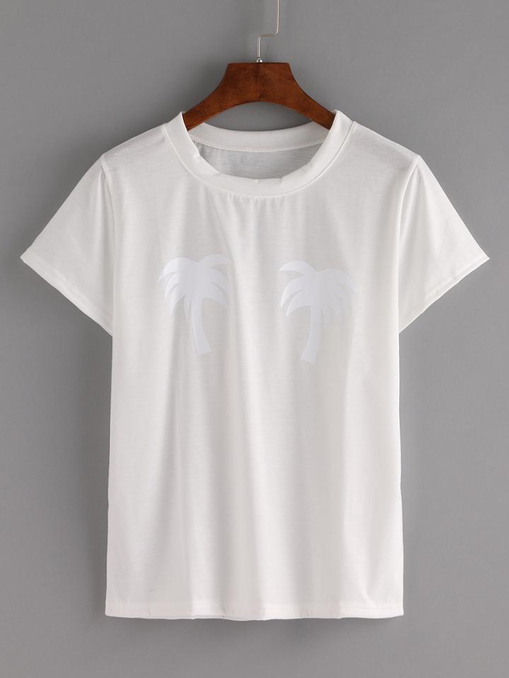Romwe White Coconut Tree Print T-shirt