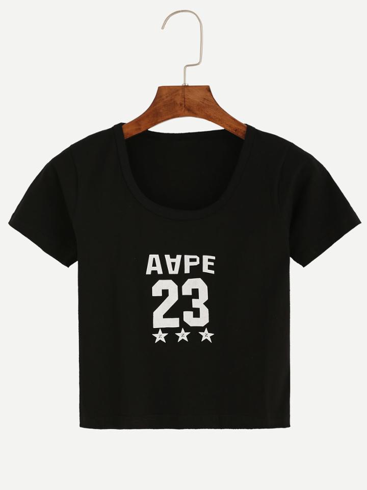 Romwe Black Varsity Print Crop T-shirt