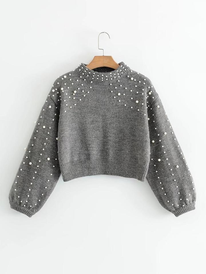 Romwe Lantern Sleeve Faux Pearl Crop Sweater