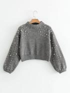 Romwe Lantern Sleeve Faux Pearl Crop Sweater