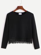 Romwe Black Lace Trim Crop T-shirt