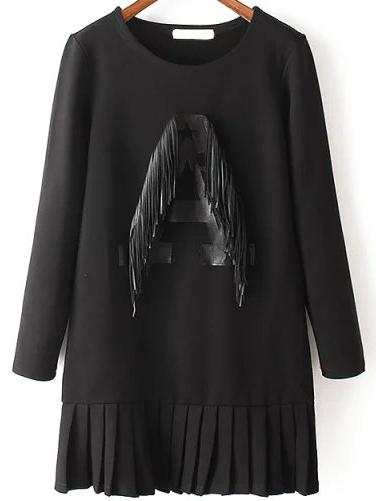 Romwe Letter Patch Fringe Pleated Dress