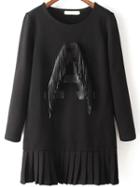 Romwe Letter Patch Fringe Pleated Dress