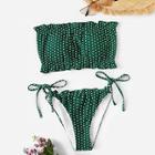 Romwe Polka-dot Ruffle Bandeau With Tied Side Bikini Set