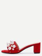 Romwe Red Open Toe Pearl Embellished Slippers