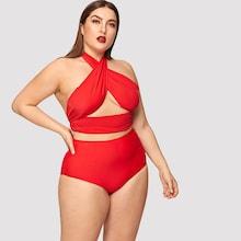 Romwe Plus Wrap Halter Top With High Waist Bikini