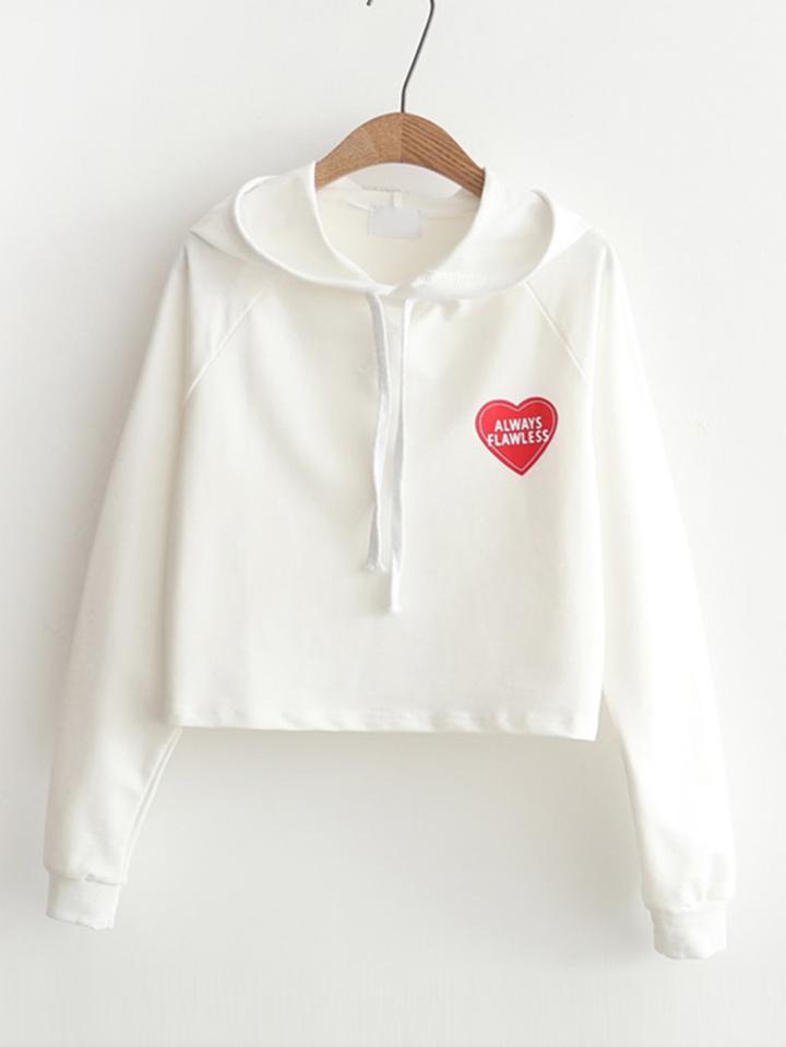 Romwe Slogan And Heart Print Raglan Sleeve Hoodie