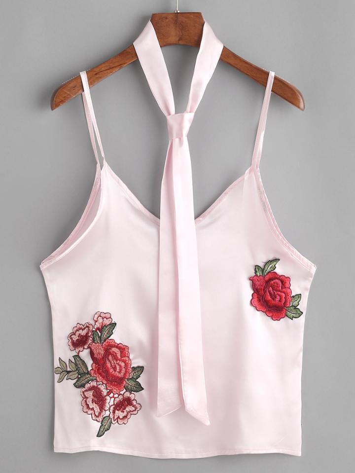 Romwe Floral Embroidered Cami Top With Scarf