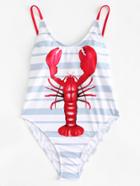 Romwe Lobster Print Striped Swimsuit
