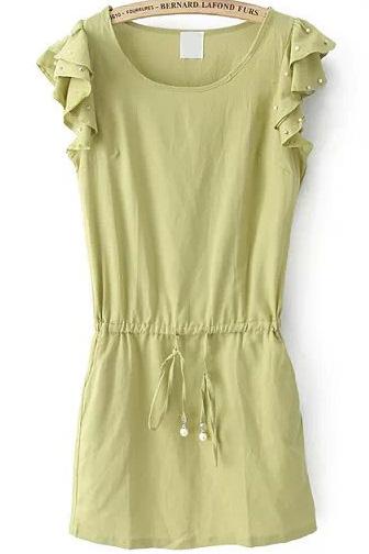 Romwe Ruffle Bead Drawstring Waist Green Dress