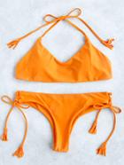 Romwe Yellow Side Tie Halter Bikini Set