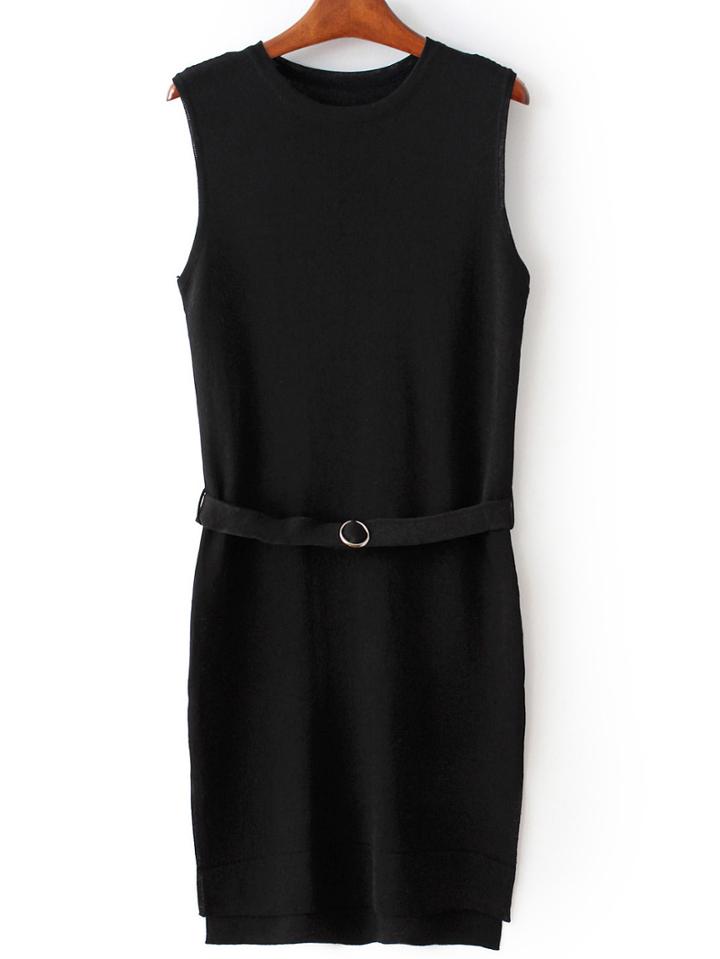 Romwe Black Sleeveless Split Dress With Belt