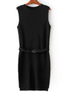 Romwe Black Sleeveless Split Dress With Belt