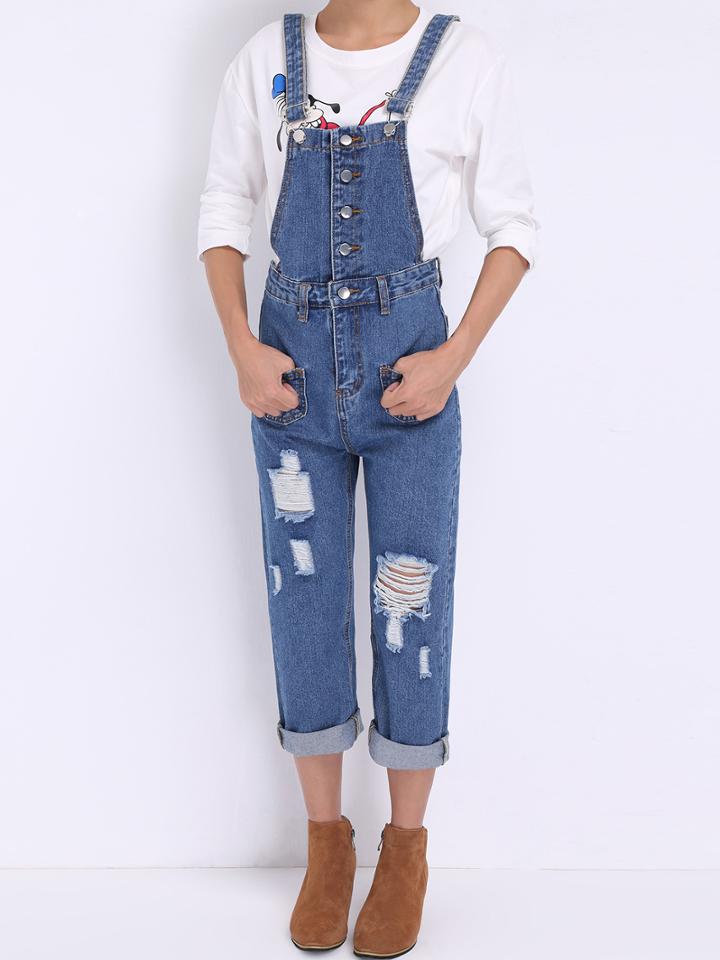 Romwe Straps Ripped Single Breasted Denim Jumpsuit