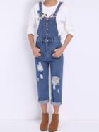 Romwe Straps Ripped Single Breasted Denim Jumpsuit