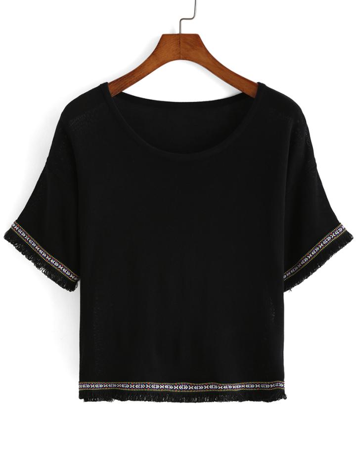 Romwe With Tassel Embroidered Black Sweater