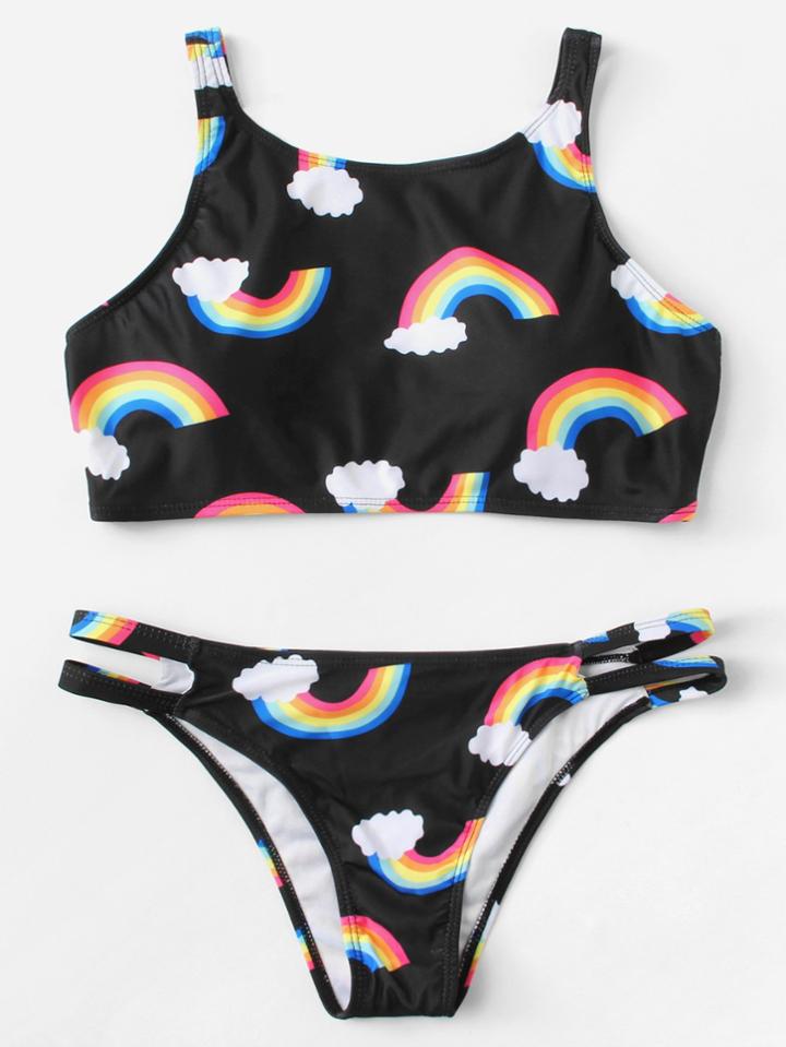 Romwe Rainbow Print Bikini Set