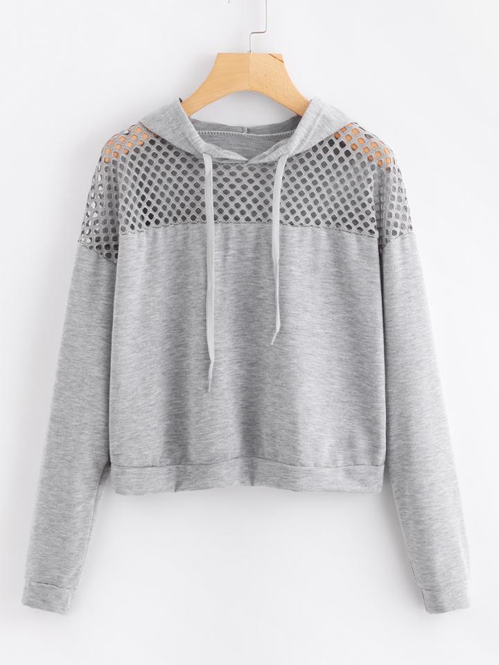 Romwe Hollow Fishnet Panel Hoodie