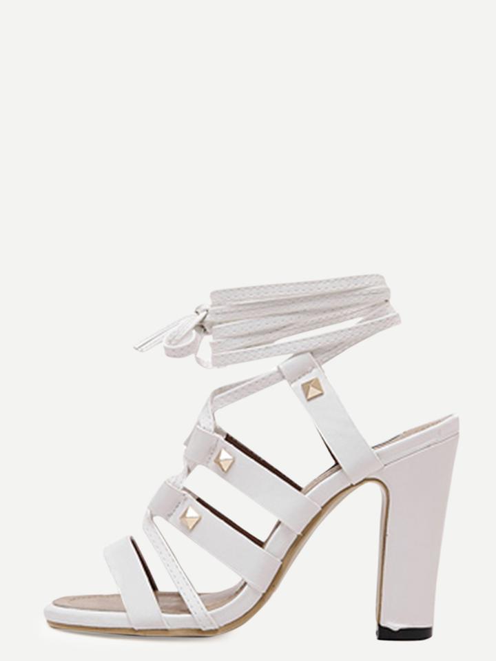 Romwe White Peep Toe Lace-up Studded Chunky Sandals